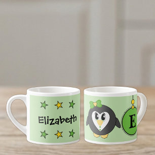 Taza De Espresso Lindo pingüino verde amarillo con estrellas para n