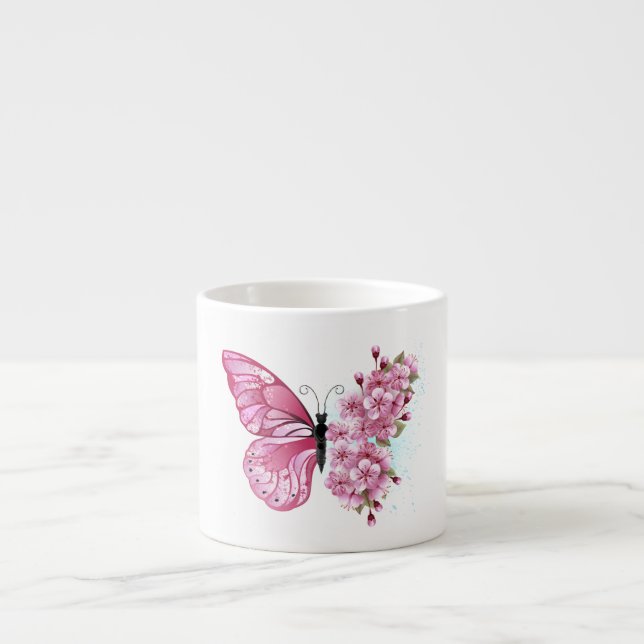 Taza De Espresso Mariposa de flores con Sakura rosa (Frente)