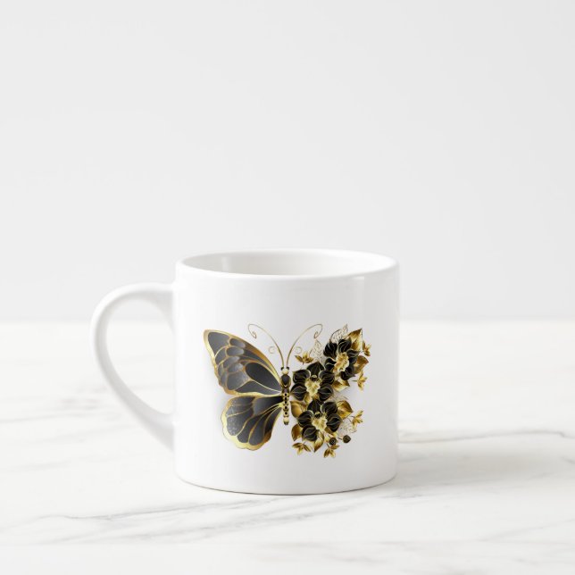Taza De Espresso Mariposa de flores de oro con orquídea negra (Izquierda)