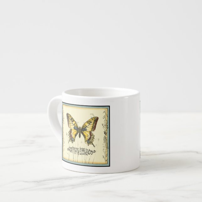 Taza De Espresso Mariposa decorativa con flores silvestres (Izquierda)