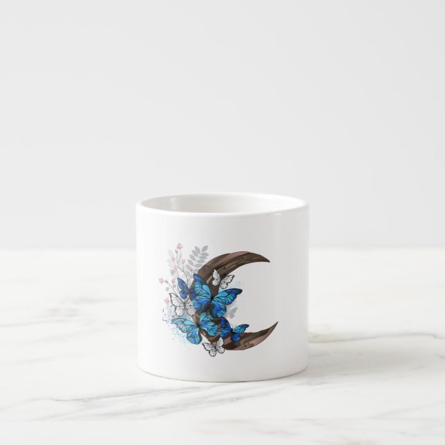 Taza De Espresso Mariposas azules en creciente de madera (Frente)