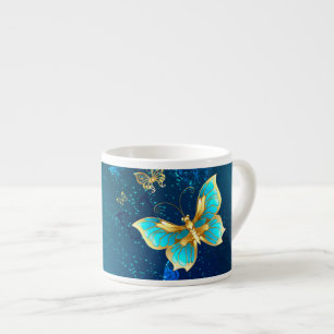 Taza De Espresso Mariposas doradas sobre fondo azul