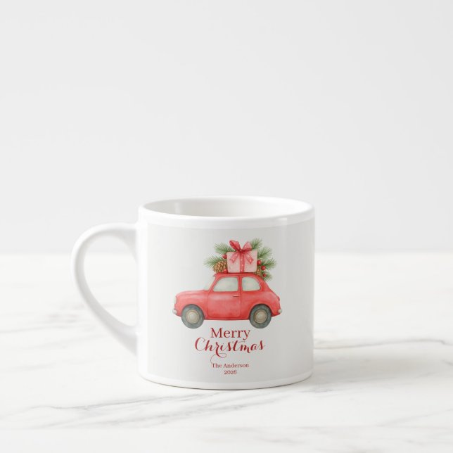 Taza De Espresso Merry Christmas Red Car – Personalized Holiday  (Izquierda)