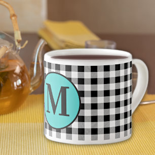 Taza De Espresso Monograma Buffalo Check y Turquesa 6oz.