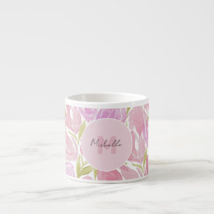 Taza De Espresso Monograma de Acuarela Rosa Fucsia Floral