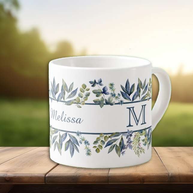 Taza De Espresso Monograma de borde de hojas azules índigo (Subido por el creador)