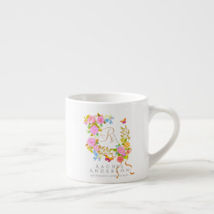 Taza De Espresso Monograma de jardín romántico floreciente