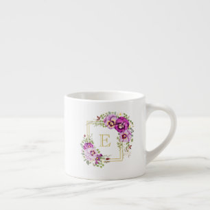 Taza De Espresso Monograma Elegante Floral Vintage Púrpura Pansies