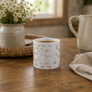 Taza De Espresso Monograma Floral Romántico   Estilo Cottagecore Vi