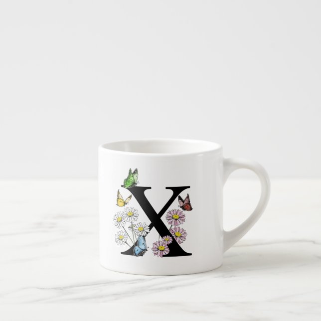 Taza De Espresso Monograma inicial de mariposa floral con la letra  (Derecha)