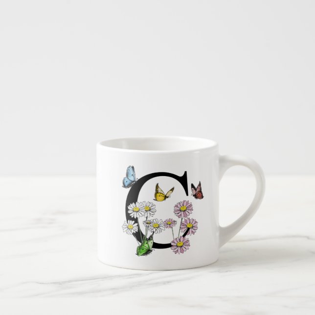 Taza De Espresso Monograma inicial de mariposa floral con letra C   (Derecha)
