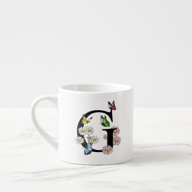 Taza De Espresso Monograma inicial de mariposa floral con letra G   (Izquierda)