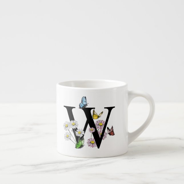 Taza De Espresso Monograma inicial de mariposa floral con letra W  (Derecha)