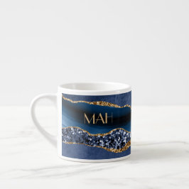 Taza De Espresso Monograma Mármol Ágata Azul Dorado Brillante Expre