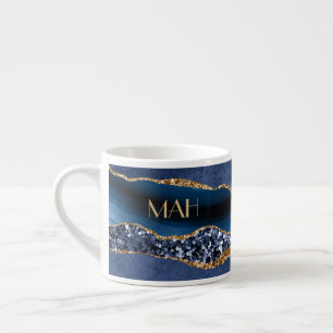 Taza De Espresso Monograma Mármol Ágata Azul Dorado Brillante Expre