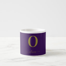 Taza De Espresso Monograma Nombre Guión Personalizado Púrpura Y Oro