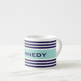 Taza De Espresso Monograma Personalizado de franjas azules verdes y