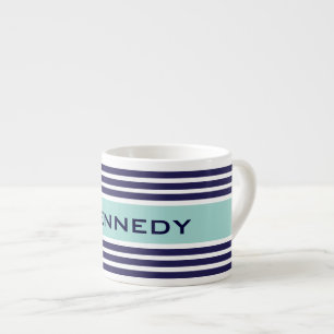 Taza De Espresso Monograma Personalizado de franjas azules verdes y