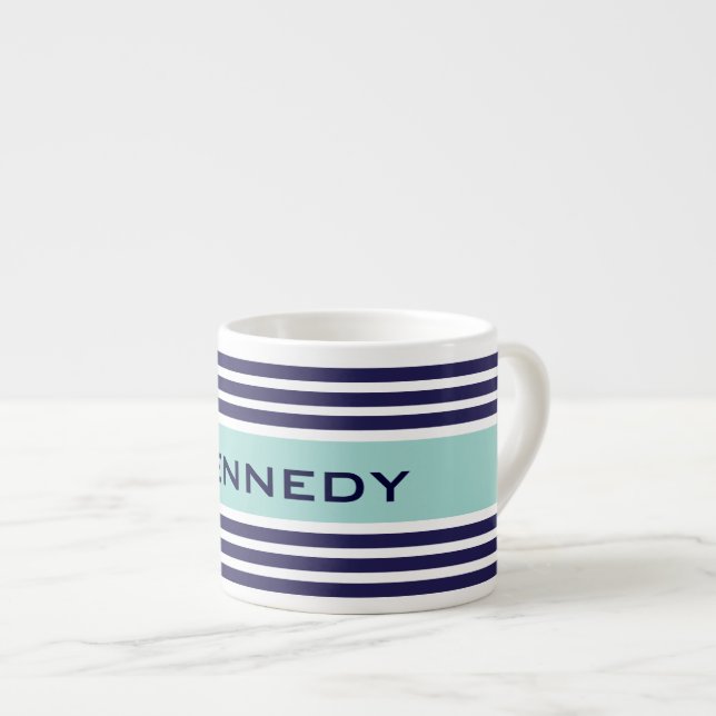 Taza De Espresso Monograma Personalizado de franjas azules verdes y (Derecha)