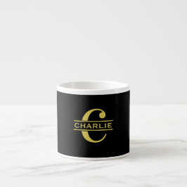 Taza De Espresso Monograma Personalizado Y Nombre Negro Y Oro