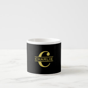 Taza De Espresso Monograma Personalizado Y Nombre Negro Y Oro
