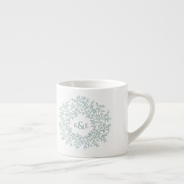 Taza De Espresso Monogramas de regalo de boda de círculo de hojas (Derecha)