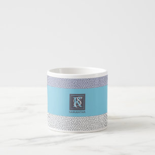 Taza De Espresso Mosaico blanco de color azul moderno monogramado