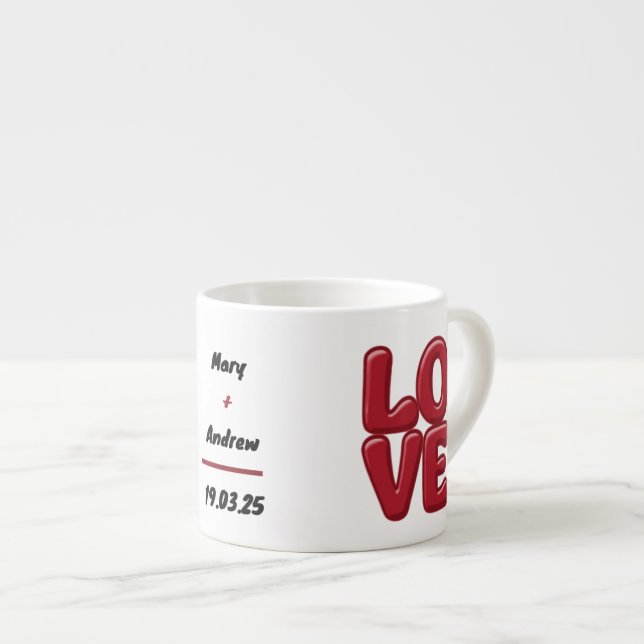 Taza De Espresso Mug de amor rojo personalizado con nombres y fecha (Derecha)