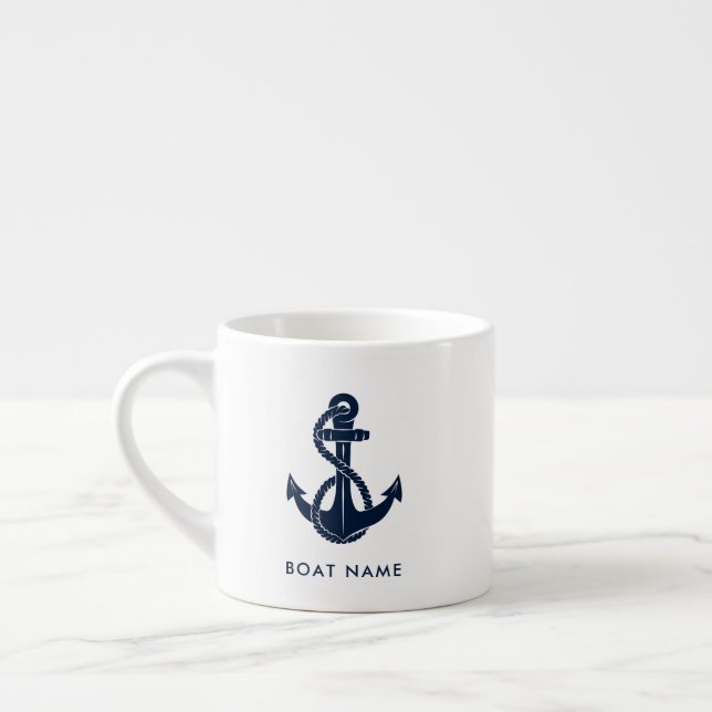 Taza De Espresso Nautical Bote Name Navy Blue Anchor Personalizado (Izquierda)