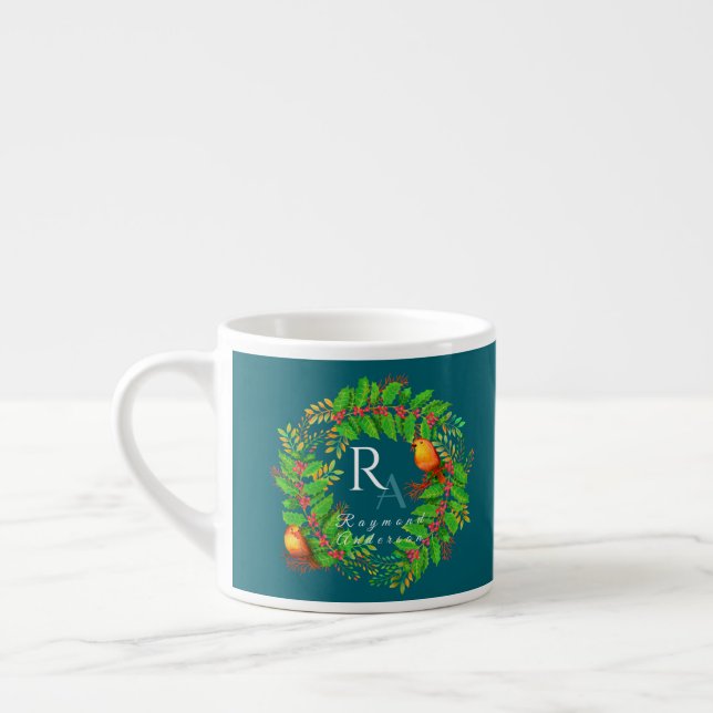 Taza De Espresso Navidades Wreath Monogram Ocean Blue (Izquierda)