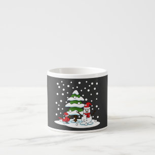 Taza De Espresso Nieve cayendo sobre cardenal, muñeco de nieve y pi
