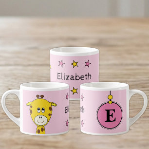 Taza De Espresso Niños jirafa linda nombre inicial rosa