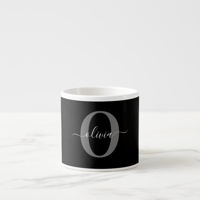 Taza De Espresso Nombre de guión de monograma personalizado Gris bl (Frente)