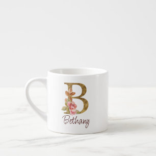 Taza De Espresso Nombre personalizado Blush rosas rosadas hoja dora