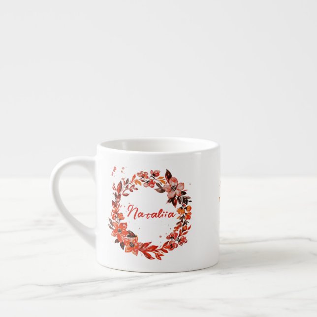 Taza De Espresso Nombre personalizado de Wreath floral de naranja (Izquierda)