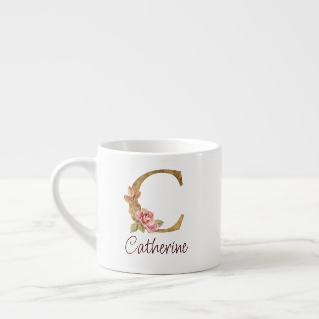 Taza De Espresso Nombre personalizado lámina dorada rosas rosadas C (Izquierda)