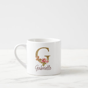 Taza De Espresso Nombre personalizado letra G rosa blush con hoja d