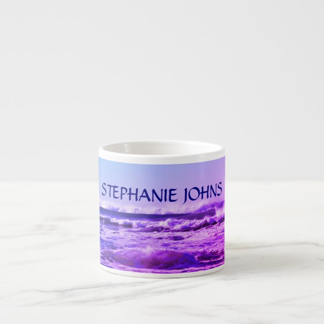 Taza De Espresso Ola de Océano de Playa Nombre Monogramado Agua Ros (Frente)