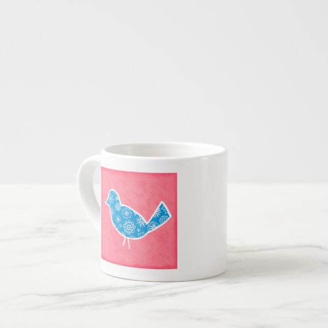 Taza De Espresso Pájaro decorativo con patrones en fondo rosado (Izquierda)