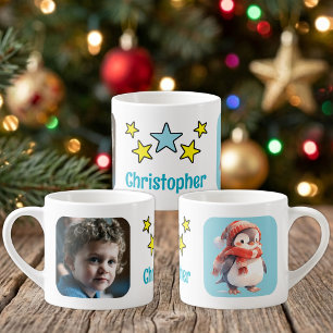 Taza De Espresso Para nombre de foto de niños pingüino navidad azul