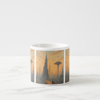 Taza De Espresso Paseo al atardecer en la ciudad del futuro