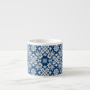Taza De Espresso Patrón de Adorno Boho en Blanco-Azul Vintage