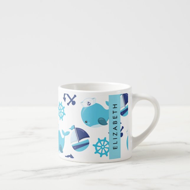 Taza De Espresso Patrón de ballenas, ballenas azules, tu nombre (Derecha)