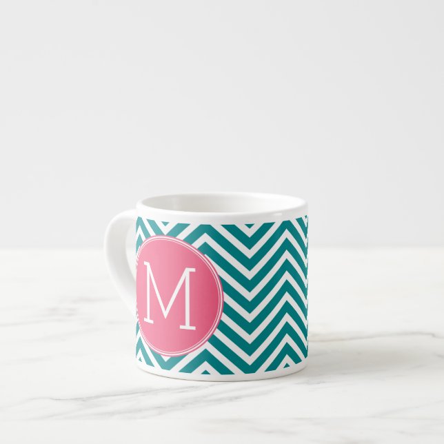 Taza De Espresso Patrón de Chevron con monograma - Verde azulado ro (Izquierda)