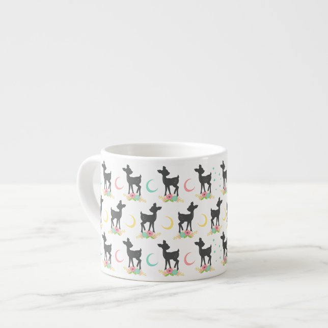 Taza De Espresso Patrón de ciervos, venado bebé, boho, flores, luna (Izquierda)