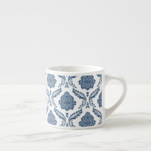 Taza De Espresso Patrón de Damasco Rococó Azul sobre Blanco