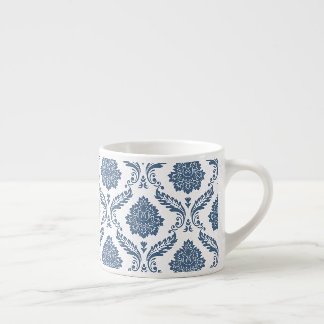 Taza De Espresso Patrón de Damasco Rococó Azul sobre Blanco (Derecha)