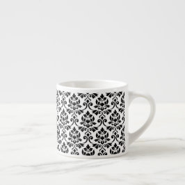 Taza De Espresso Patrón de Damask de Feuille negro en blanco