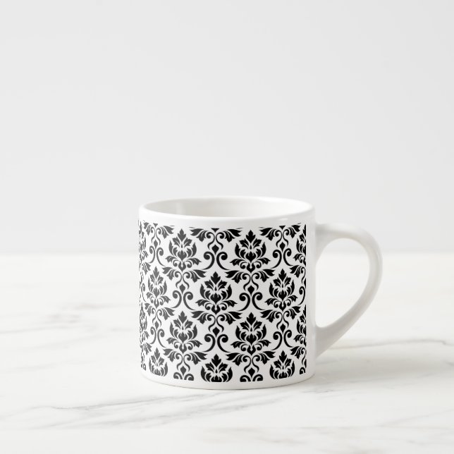 Taza De Espresso Patrón de Damask de Feuille negro en blanco (Derecha)