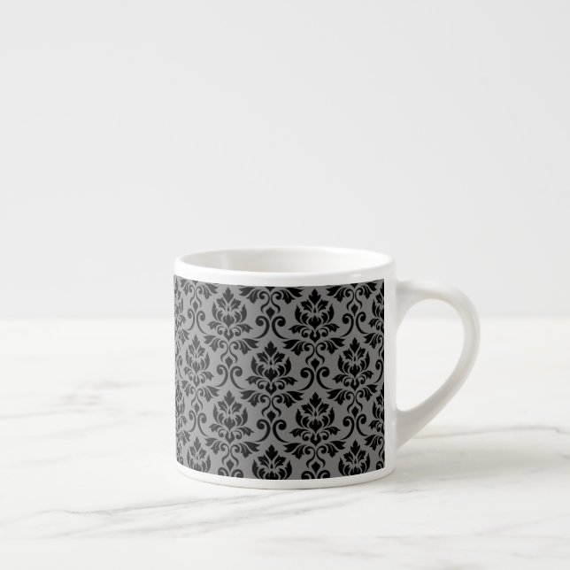 Taza De Espresso Patrón de Damask de Feuille negro en gris (Derecha)